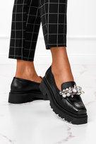 Czarne mokasyny na platformie z ozdobą POLSKA SKÓRA Casu 1691-O-40