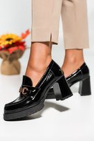 Czarne mokasyny skórzane damskie lakierowane na szerokim klocku ze złotą ozdobą PRODUKT POLSKI Casu 20177-40