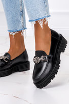 Czarne mokasyny skórzane damskie na bieżnikowanej platformie z ozdobą produkt polski casu 2383-100-no-38