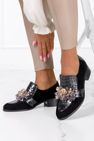 Czarne półbuty skórzane damskie lordsy z kryształkami krokodyli wzór PRODUKT POLSKI Casu 1902-O-36