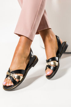 Czarne sandały skórzane damskie z gumką ozdobna płaska podeszwa PRODUKT POLSKI Casu 40382-37 - Casu