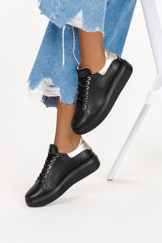 Czarne sneakersy skórzane damskie buty sportowe sznurowane na platformie PRODUKT POLSKI Casu 2288-37 - Casu