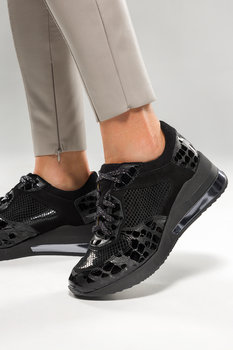 Czarne sneakersy skórzane damskie na koturnie buty sportowe sznurowane PRODUKT POLSKI Casu 07550-1910-40 - Casu