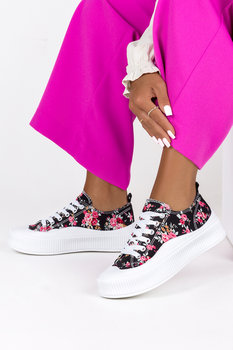 Czarne trampki w kwiaty na platformie damskie sznurowane Casu SF-101-38 - Casu