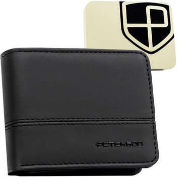 Czarny mały portfel męski slim do kieszeni PETERSON skóra ekologiczna elegancki klasyczny poziomy bez zapięcia pudełko prezentowe ochrona RFID STOP - Peterson