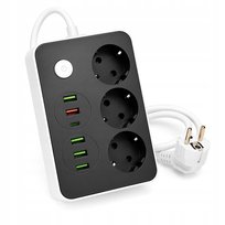 Czarny przedłużacz elektryczny na 3 gniazda 230V schuko+5xUSB-A 1xUSB-C 2m REMO 6592 LVT