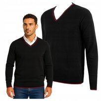Czarny Sweter Męski w Serek z Czerwonym Wykończeniem Bawełna Akryl XS