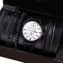 CZARNY ZEGAREK MĘSKI ELEGANCKI, Pasek Zestaw Bransoletek Koraliki