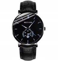CZARNY ZEGAREK MSTIANQ ELEGANCKI SKÓRZANY PASEK WODOODPORNY PREZENT
