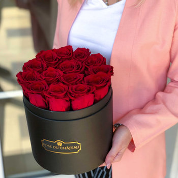 Czerwone Wieczne Róże Czarny Okrągły Flowerbox - Rose du Château