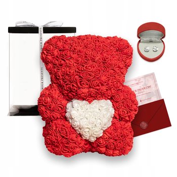 Czerwony Miś Z Róż Z Sercem 25 cm Prezent Dla Niej Dziewczyny Na Walentynki - De L'amour Presents