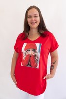 Czerwony T-shirt Damski z Aplikacją Laleczka UNI Nelino
