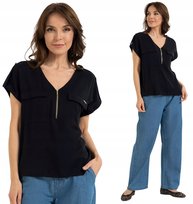 Damska Bluzka Wiskozowa Dekolt V Luźny Krój Zamek Kieszenie MORAJ CZARNA S