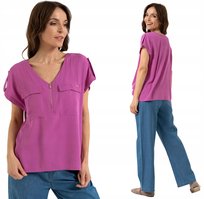 Damska Bluzka Wiskozowa Dekolt V Luźny Krój Zamek MORAJ RÓŻOWA 4XL