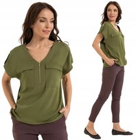 Damska Bluzka Wiskozowa Dekolt V Luźny Krój Zamek MORAJ ZIELONA KHAKI S