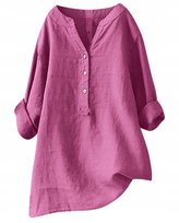 Damska Koszula Bawełniana Z Długim Rękawem Dekolt W Serek - Różowa