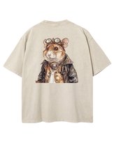 Damska koszulka oversize efekt sprania Chomik Pilot Steampunk Beżowa L