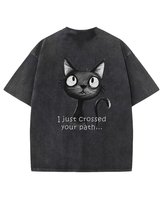 Damska koszulka oversize efekt sprania Czarny Kot Słodki Czarna XL