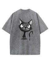 Damska koszulka oversize efekt sprania Czarny Kot Słodki Grafitowa XL