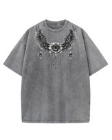 Damska koszulka oversize efekt sprania Kwiaty Skrzydłą Wolność Grafitowa L