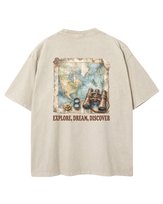 Damska koszulka oversize efekt sprania Mapa Podróże Wakacje Beżowa L