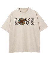 Damska koszulka oversize efekt sprania Miłość Love Kwiaty Beżowa XL