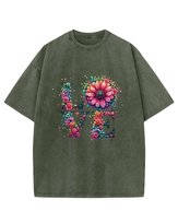 Damska koszulka oversize efekt sprania Miłość Love Kwiaty Khaki S