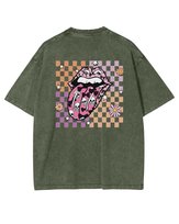 Damska koszulka oversize efekt sprania Rock Vibe Usta Język Khaki M