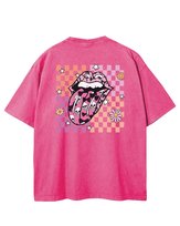 Damska koszulka oversize efekt sprania Rock Vibe Usta Język Różowa M