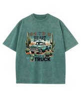 Damska koszulka oversize efekt sprania Samochód Ciężarówka Zielona XL