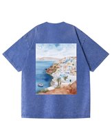 Damska koszulka oversize efekt sprania Santorini Wakacje Podróże Niebieska L