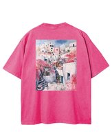 Damska koszulka oversize efekt sprania Santorini Wakacje Podróże Różowa M