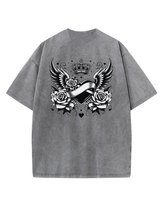 Damska koszulka oversize efekt sprania Serce Korona Skrzydła Grafitowa XL