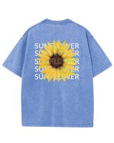 Damska koszulka oversize efekt sprania Słonecznik Kwiaty Lato Błękitna XL