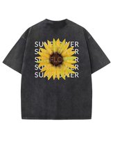 Damska koszulka oversize efekt sprania Słonecznik Kwiaty Lato Czarna XL