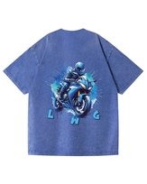 Damska koszulka oversize efekt sprania Sportowy Motocykl Niebieska L