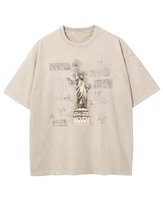 Damska koszulka oversize efekt sprania Statua Wolności Wakacje Beżowa L