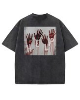 Damska koszulka oversize efekt sprania z napisem Pomocy Horror Czarna M