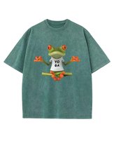 Damska koszulka oversize efekt sprania Zwierzęta Żaba Yoga Zielona M