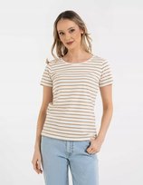 Damska Koszulka T-shirt Bawełniana w Paski Klasyczna BEŻOWA MORAJ S