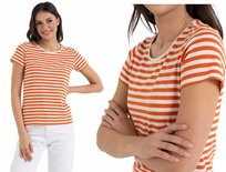 Damska Koszulka T-shirt Bawełniana w Paski Klasyczna POMARAŃCZOWA MORAJ 3XL