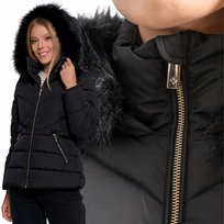 DAMSKA KURTKA PIKOWANA Z FUTERKIEM ELEGANCKA Z ODPINANYM KAPTUREM MORAJ L BLACK