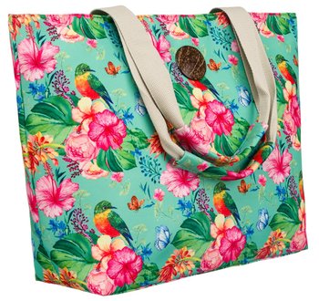 Damska torba plażowa na ramię z motywem kwiatowym, jasnozielony - Cavaldi