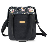 Damska torebka A4 lub A5 - Materiałowa torba na ramię z wewnętrzną kieszonką jako torba na zakupy kwiaty czarna
