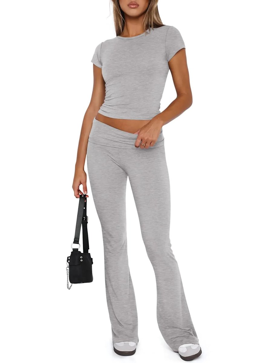 Damski Komplet Dresowy Crop Top Dzwony Wygodny Sportowy Szary L
