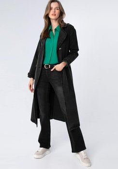 Damski płaszcz dżinsowy z paskiem czarny S - WITTCHEN