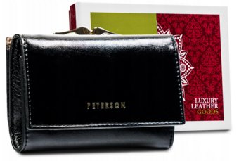 Damski skórzany portfel Peterson na zatrzask pojemna elegancka portmonetka na karty i gotówkę, czarny - Peterson
