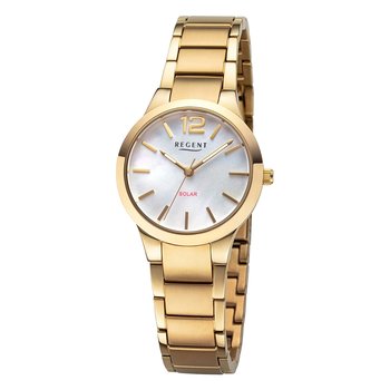 Damski zegarek solarny Regent z analogową metalową bransoletą w kolorze złotym URF1536 - Regent