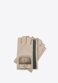 Damskie rękawiczki skórzane bez palców z ozdobnym paskiem beżowo-zielony M - WITTCHEN