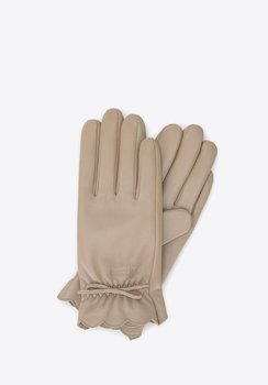 Damskie rękawiczki skórzane z falbanką i kokardką beżowe XL - WITTCHEN